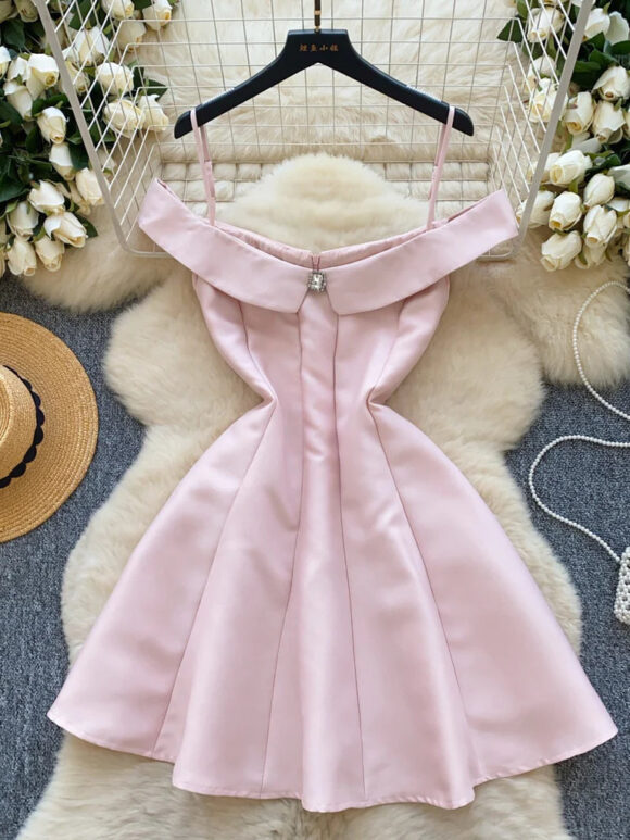 Vellina Pink Satin Off-Shoulder Mini Dress