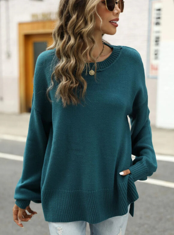 Solid Color Irregular Round Neck Split Hem Sweater - Image 2