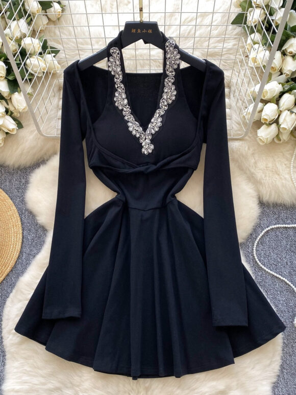 Vellina Black Halter Crystal Beaded Mini Dress