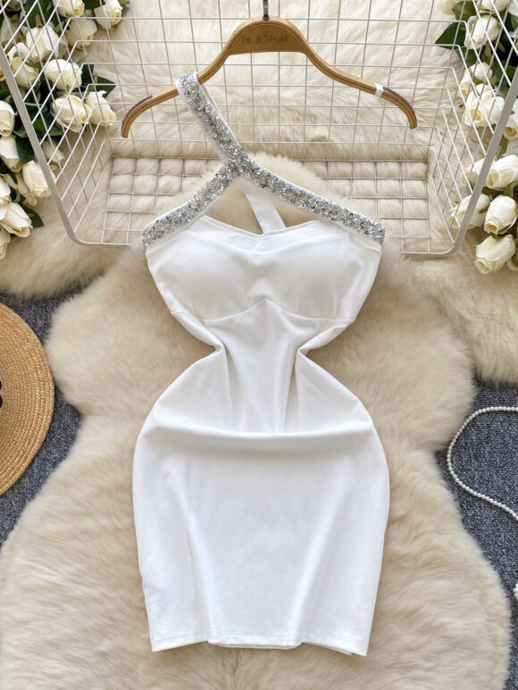 Vellina White One-Shoulder Crystal Bodycon Dress