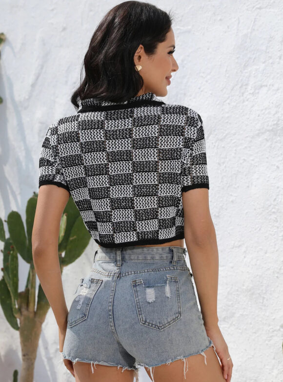 Vellina Checked Button-Up Short Sleeve Tee - Image 3