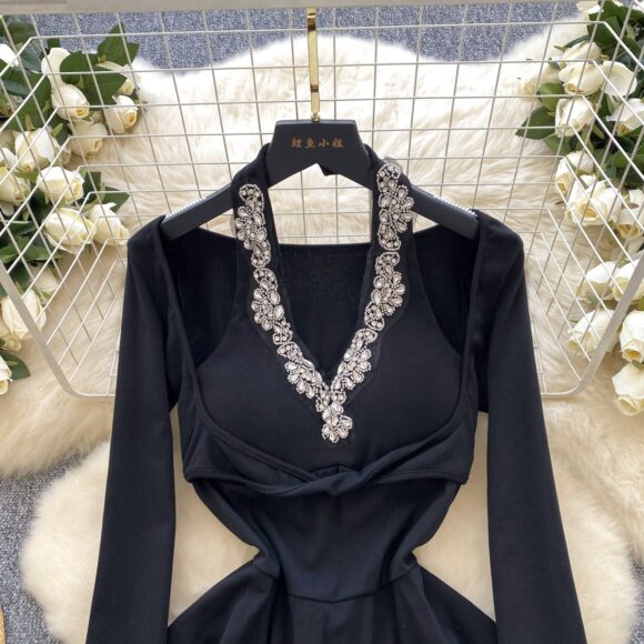 Vellina Black Halter Crystal Beaded Mini Dress - Image 4